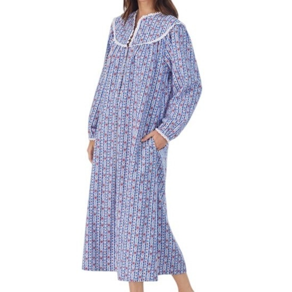 Lanz of Salzburg Womens Tyrolean Stripe‎ Flannel Nightgown S Cottagecore Cozy